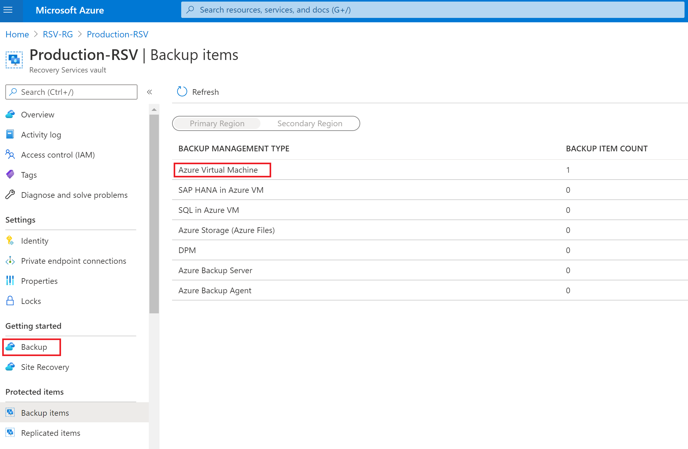 Opening the vault&rsquo;s protected backup items.