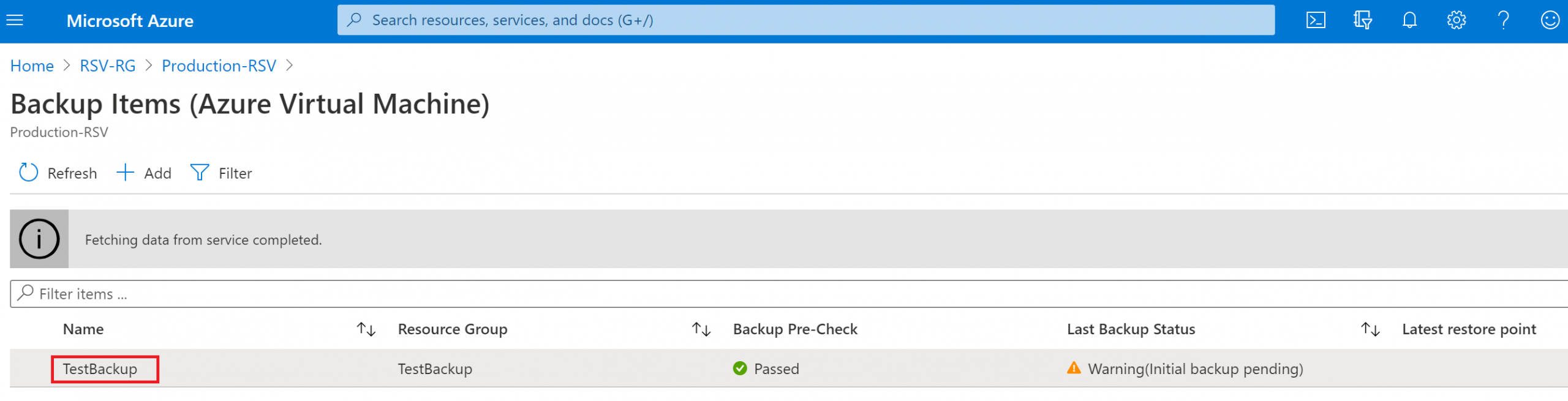 The protected Azure VM listed in the vault.
