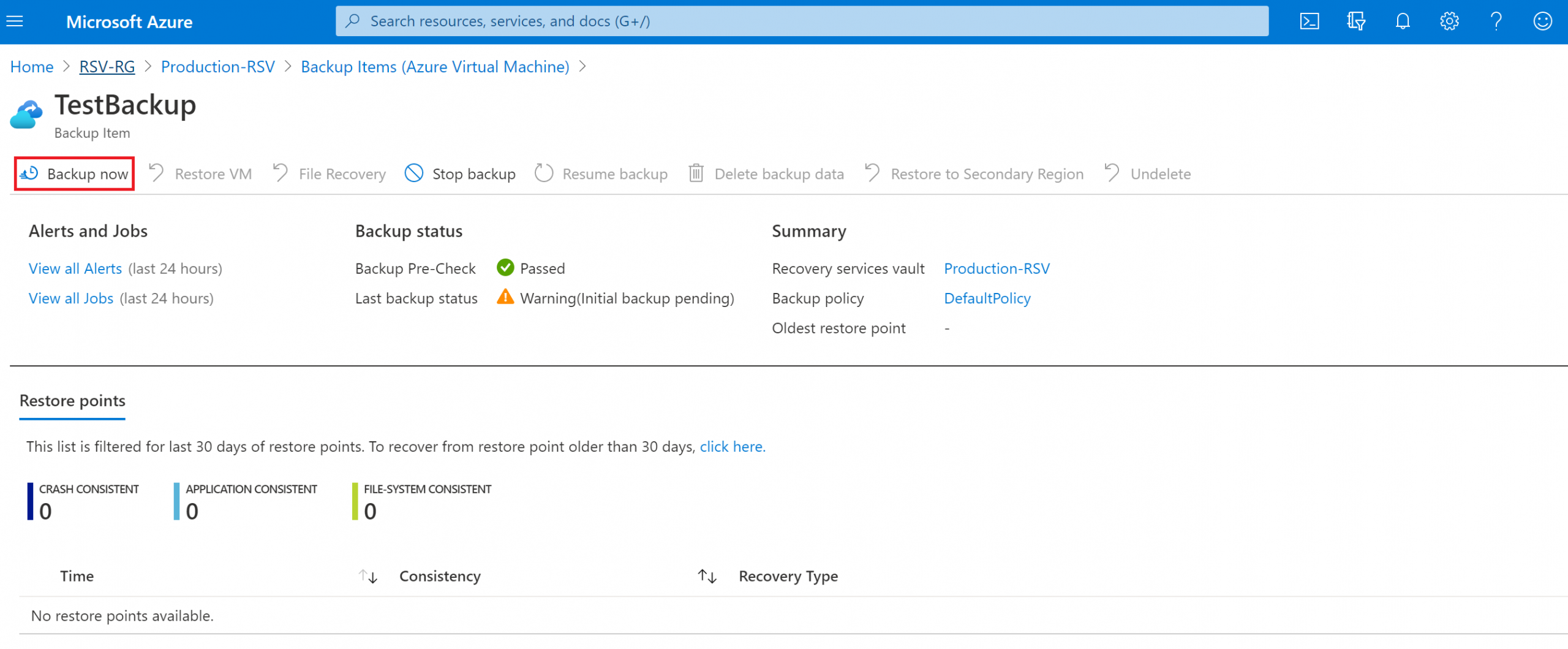 Starting an on-demand Azure VM backup.