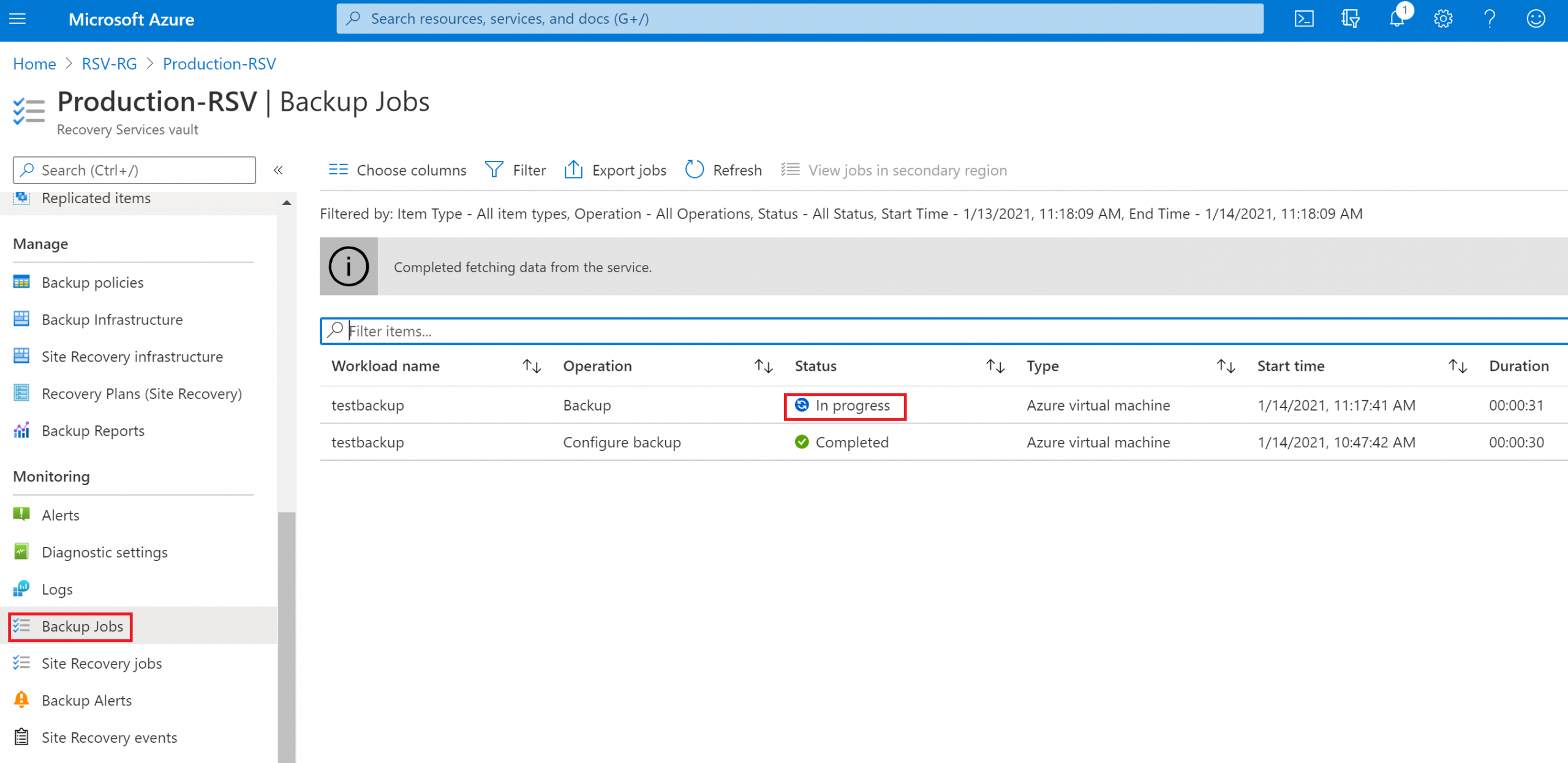 Monitoring the Azure VM backup job.