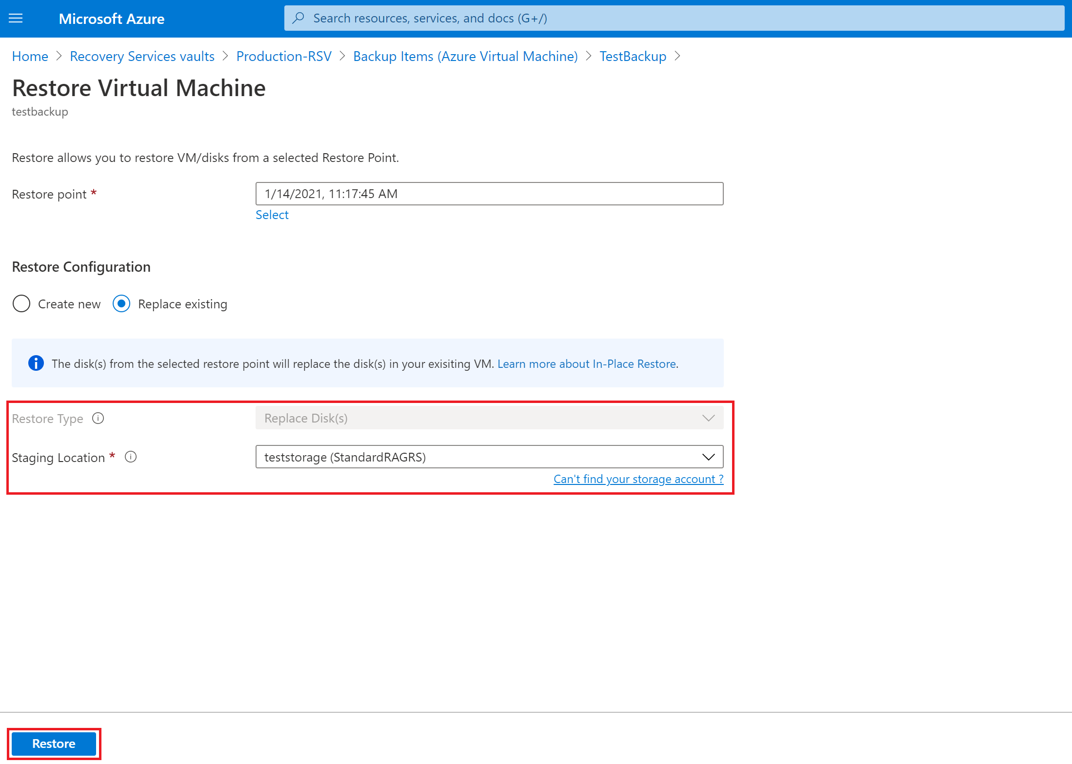 Selecting the recovery point, restore method, and staging settings.