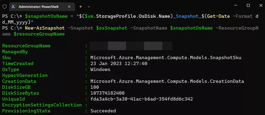 The pre-upgrade OS disk snapshot completed successfully