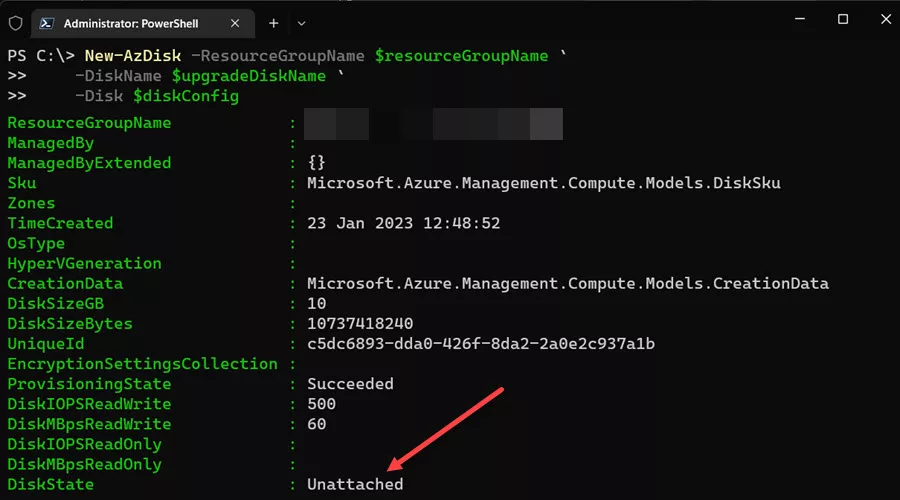 The Windows Server upgrade-media managed disk was created and remained unattached