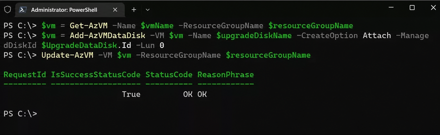 Azure successfully attached the upgrade disk to the VM