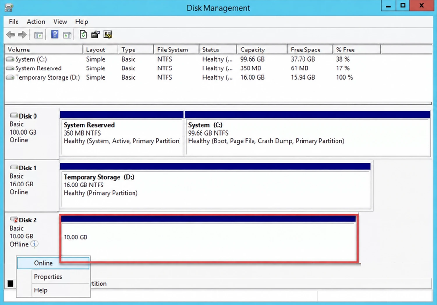 Bringing the attached Windows Server upgrade disk online