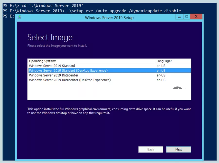 Selecting the matching Windows Server edition and Desktop Experience installation