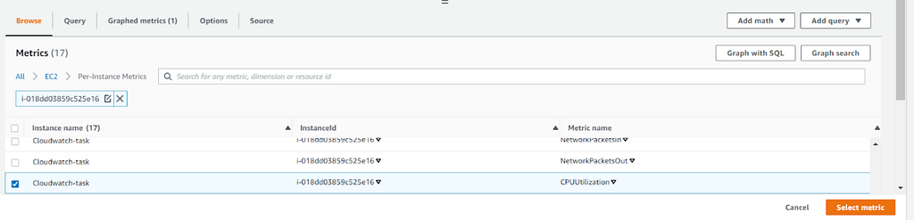Selecting CPUUtilization for the target instance