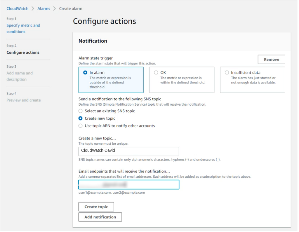 Creating an SNS email notification for the alarm
