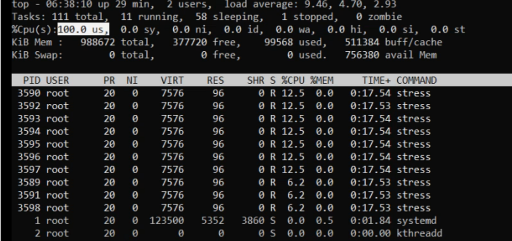 The stress workers driving CPU utilization to 100 percent