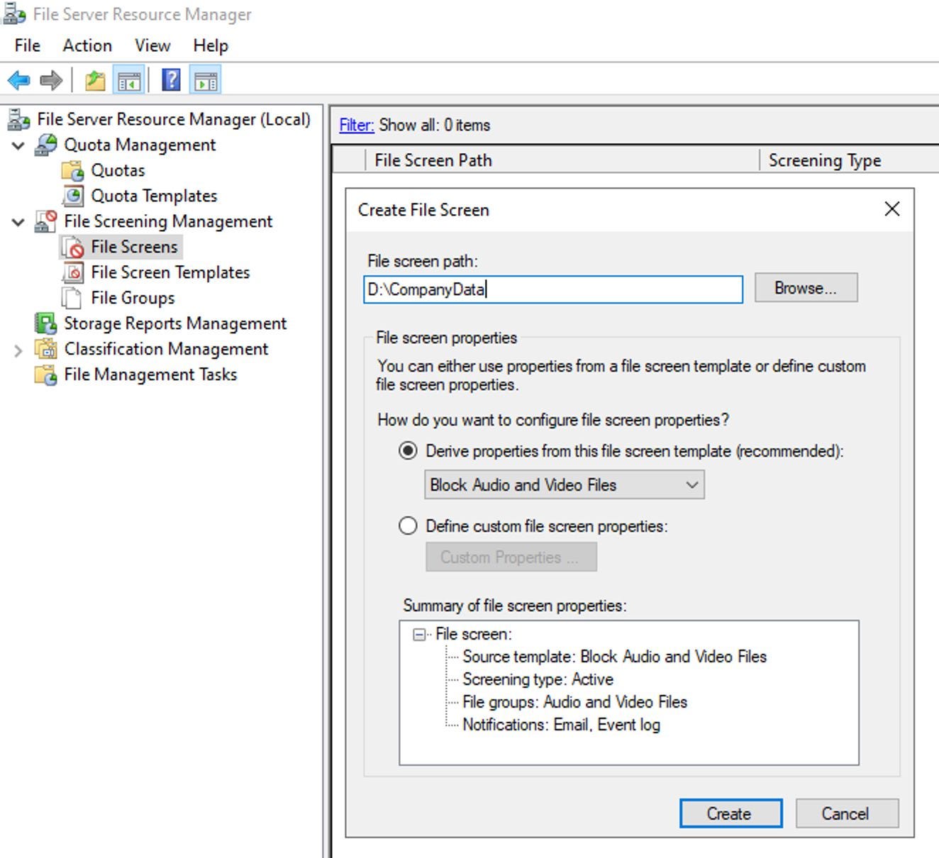 Setting up file screening