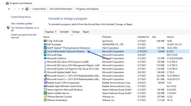 The LAPS client extension installed on the workstation