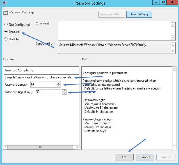 Configuring password complexity, length, and age