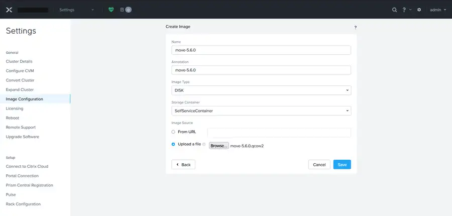 Nutanix Move appliance image upload in Prism Element