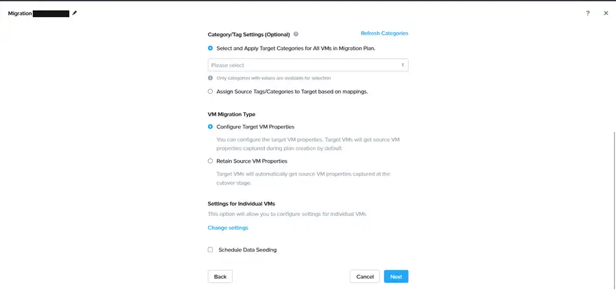Target VM properties and the seeding schedule
