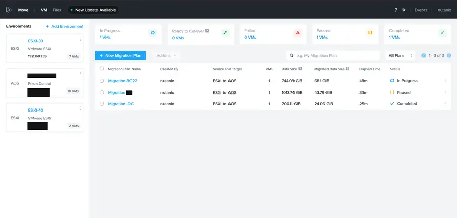 The dashboard with running migrations