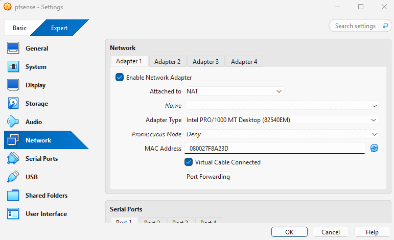 Adapter 1 set to NAT for the WAN