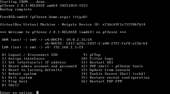 pfSense booted with WAN and LAN assigned