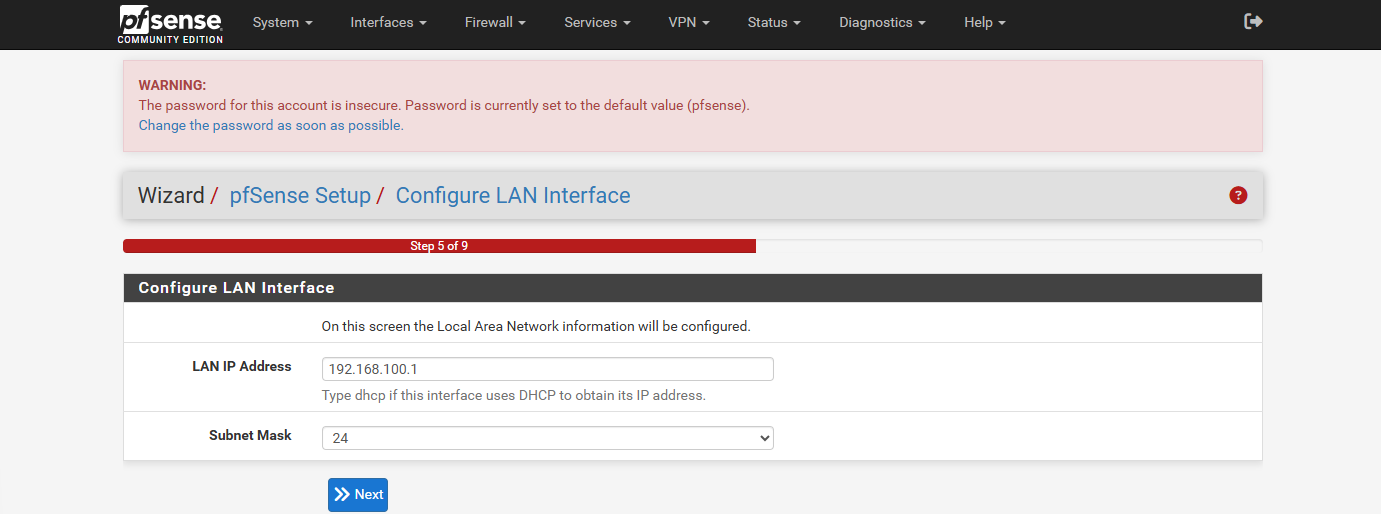 LAN IP and subnet mask in the wizard
