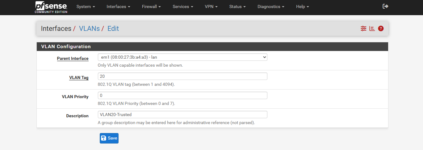 The VLAN 20 settings