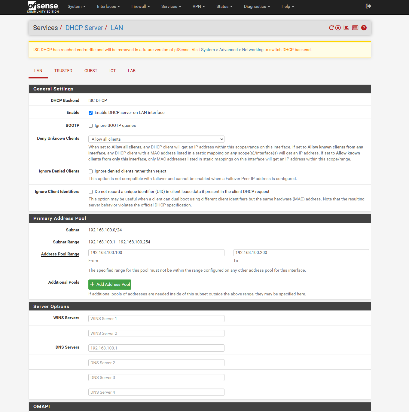 The DHCP Server page