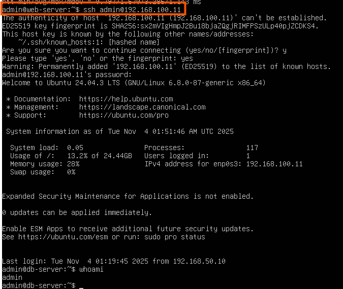 SSH from the web server to the database server