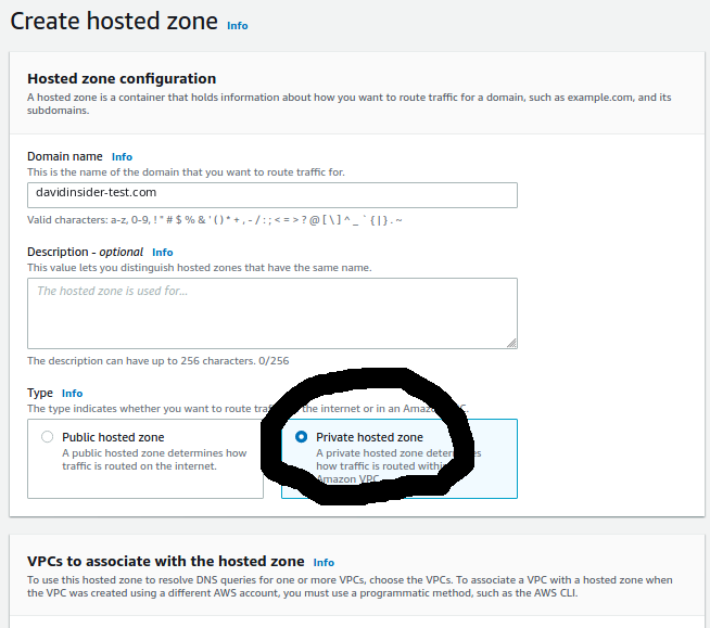 Creating the private hosted zone for the internal test domain.