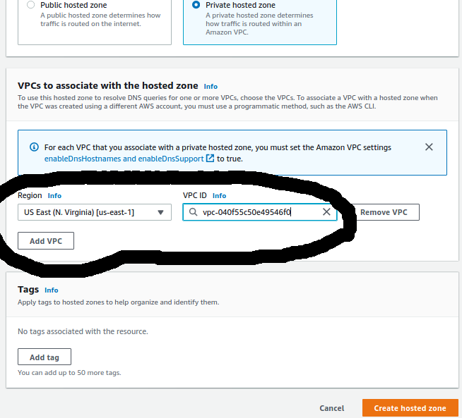 Associating only the custom VPC with the private hosted zone.