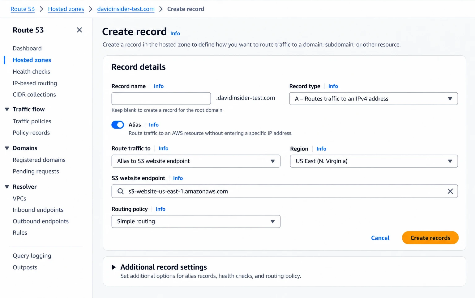 Creating the A alias record inside the private hosted zone.