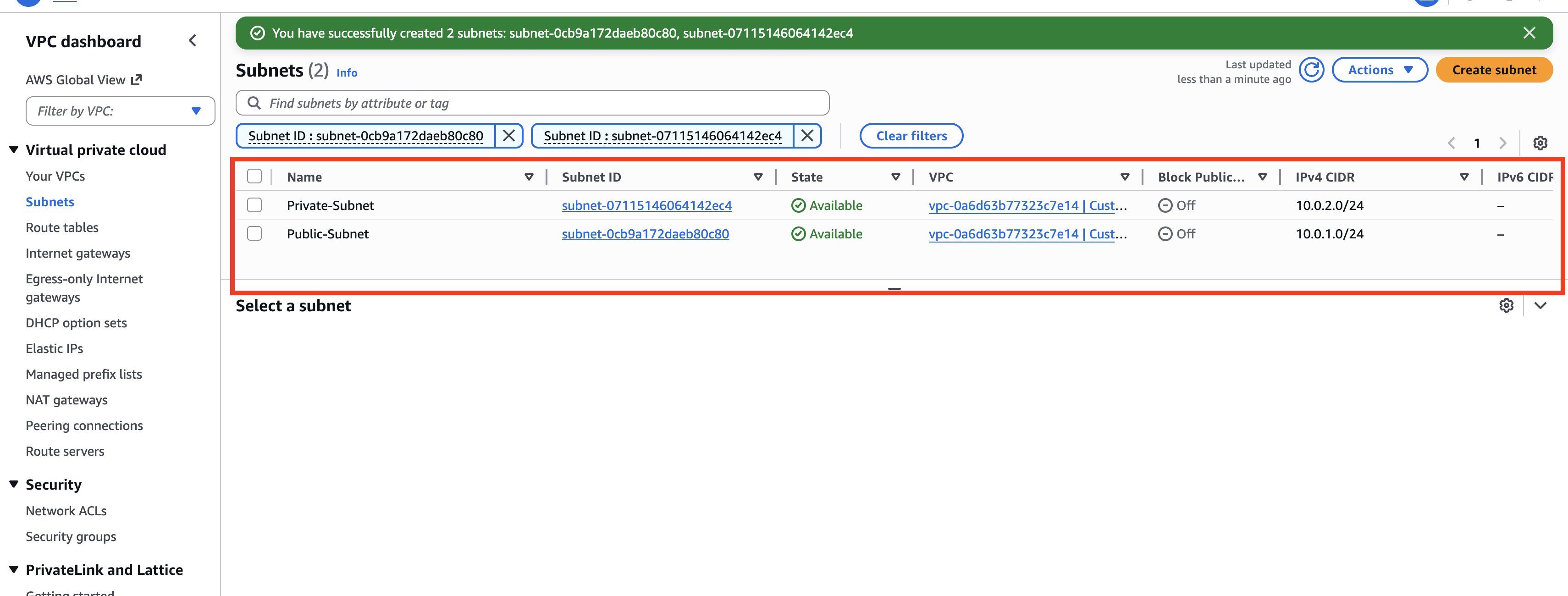 The public and private subnet configuration.