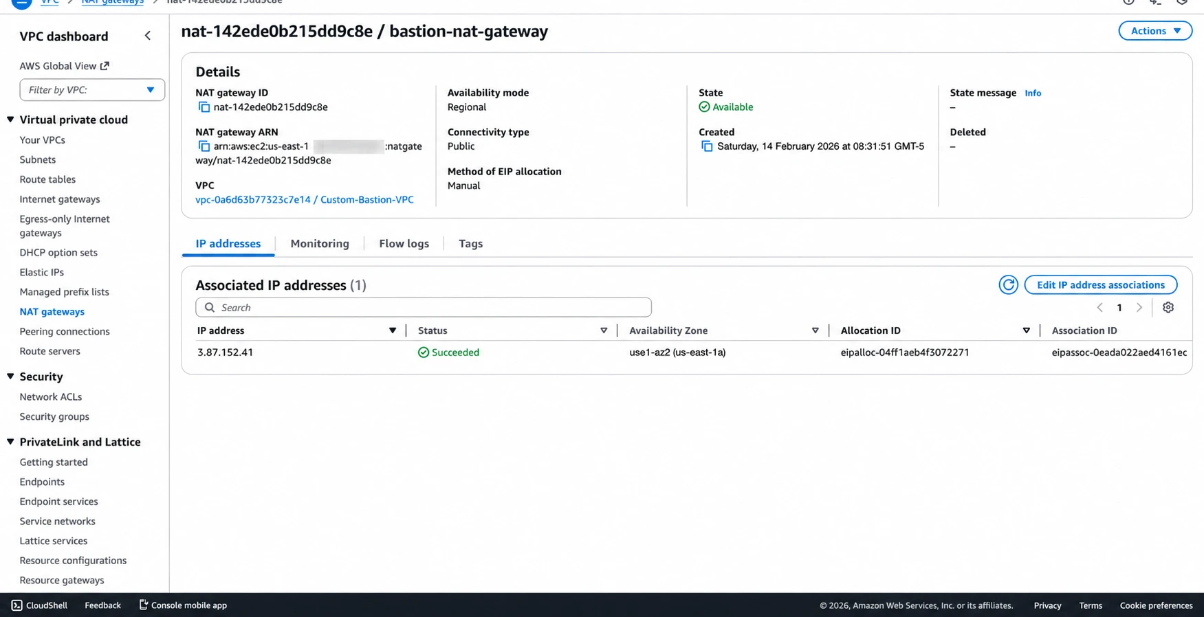 The NAT Gateway is available.