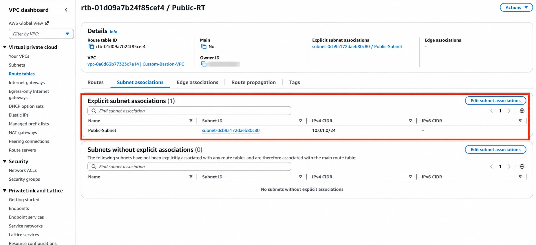 Associating the public subnet with its route table.