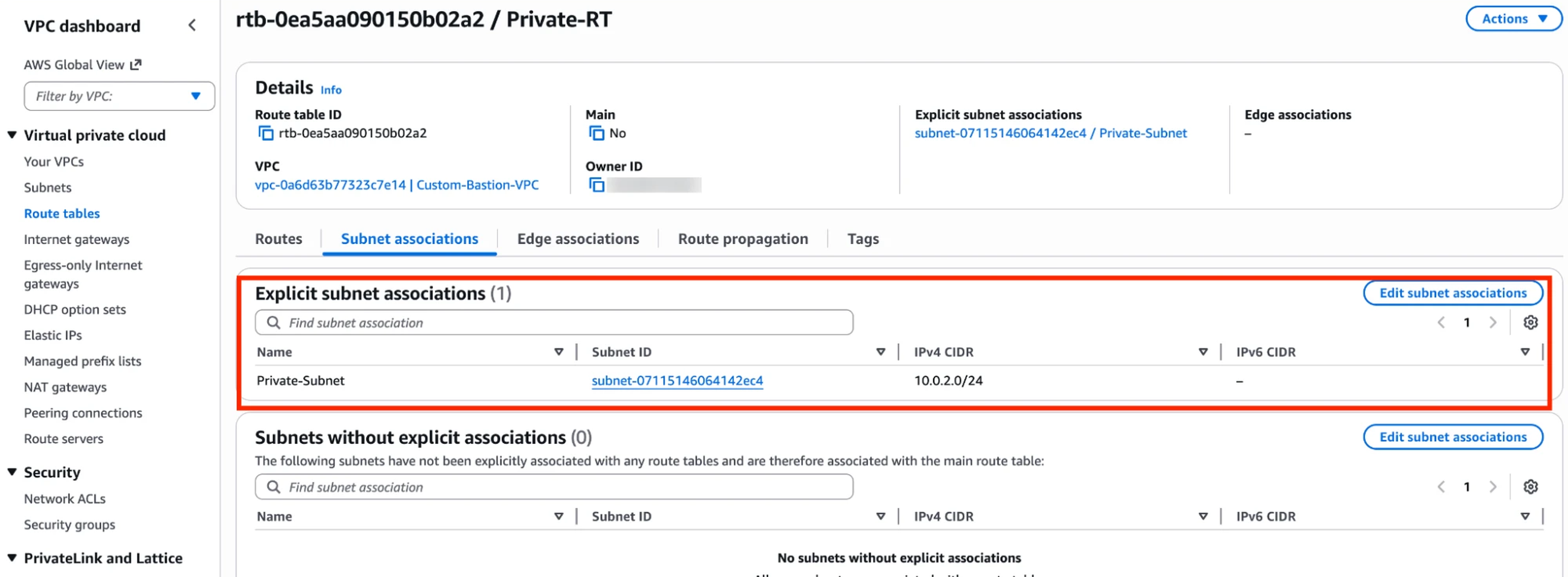 Associating the private subnet with its route table.