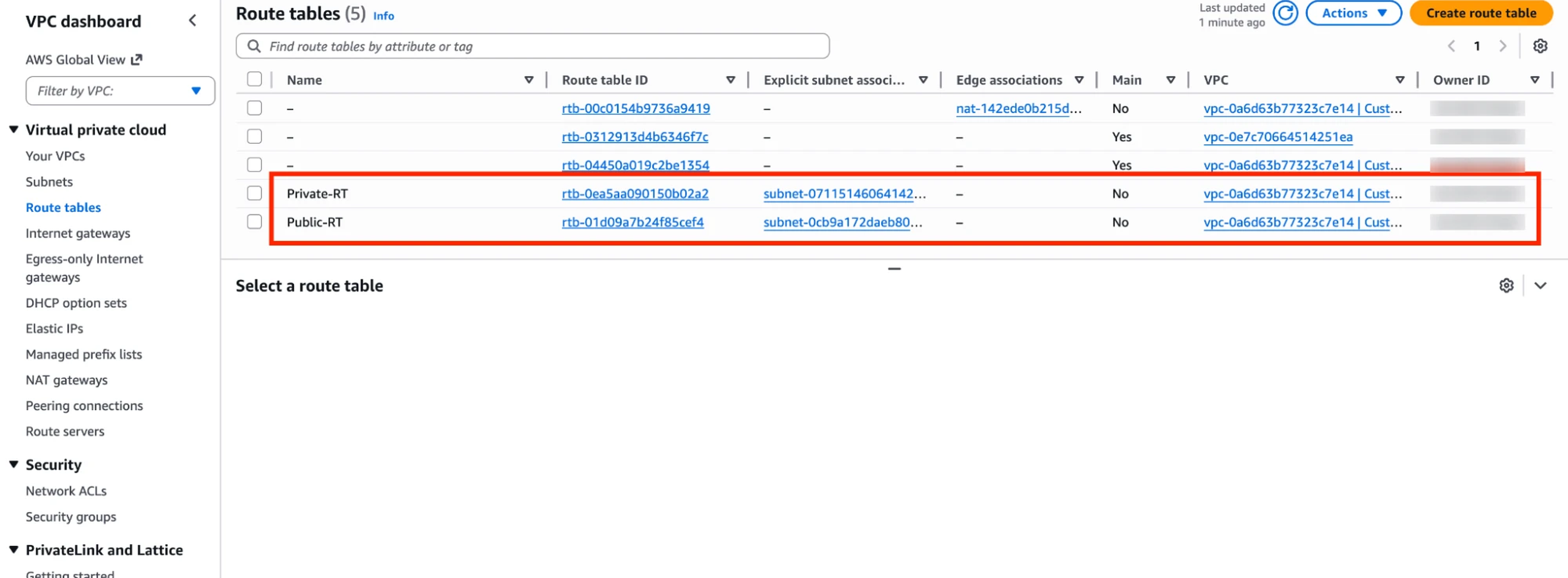 The completed subnet and route-table setup.