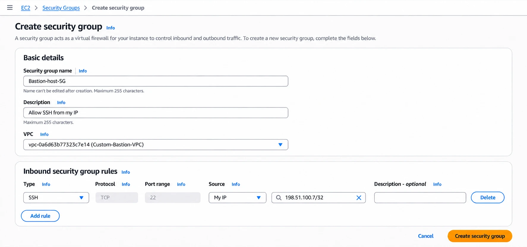 Creating the bastion host security group.
