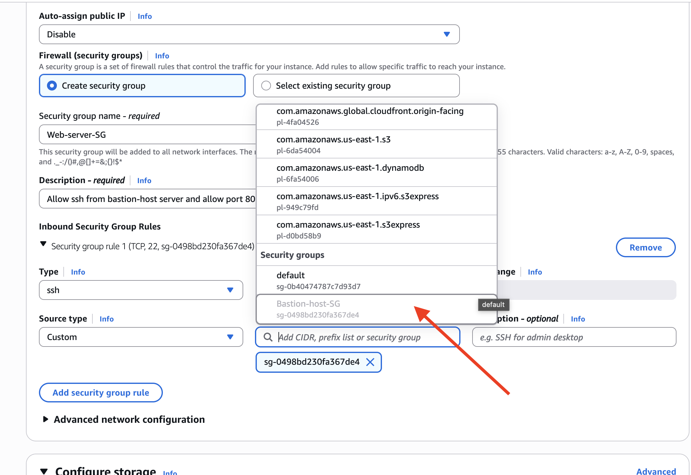 Creating the private-server security group and allowing SSH from the bastion security group.