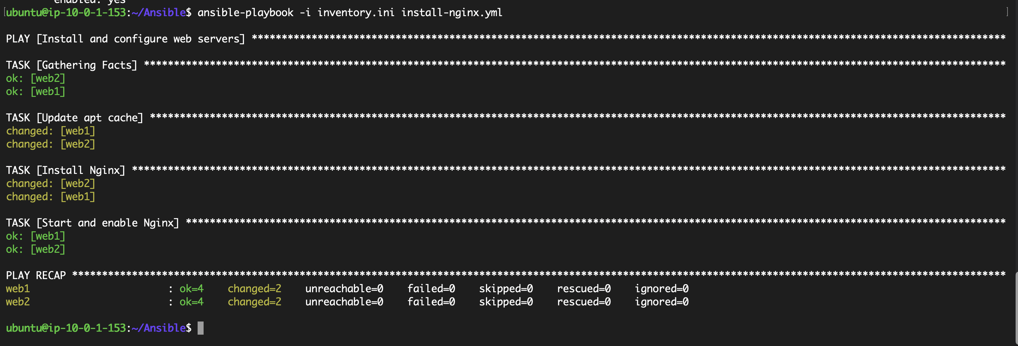Ansible completed successfully against both web servers.
