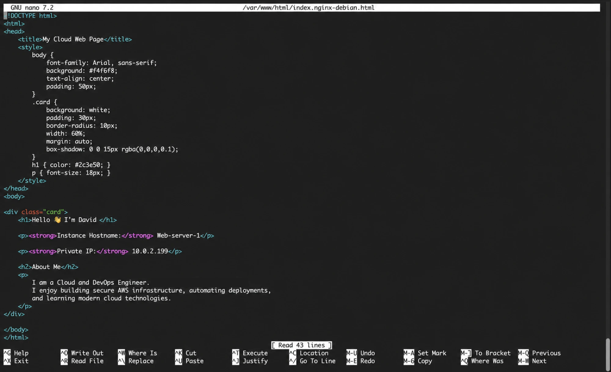 Editing the custom Nginx page on one backend server.