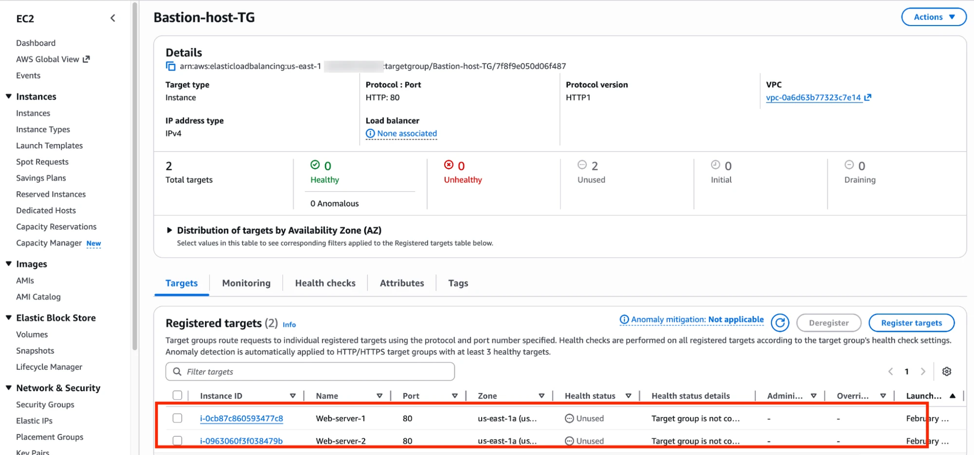 Both private instances registered in the HTTP target group.