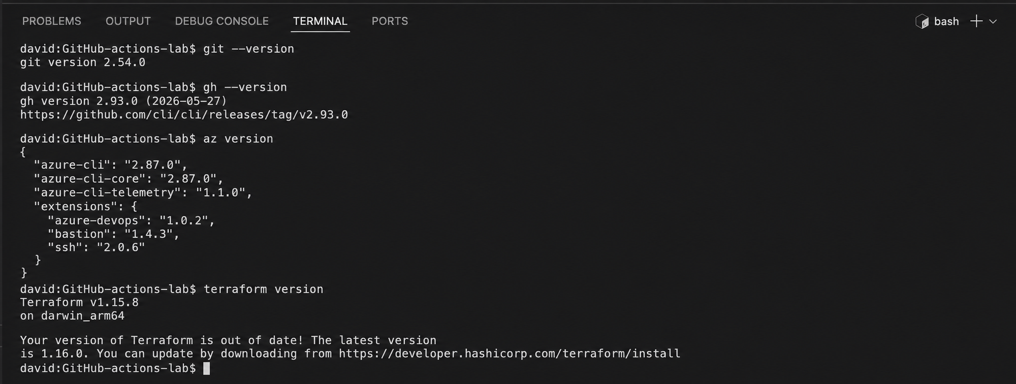 Tool versions recorded before starting the Terraform evidence run