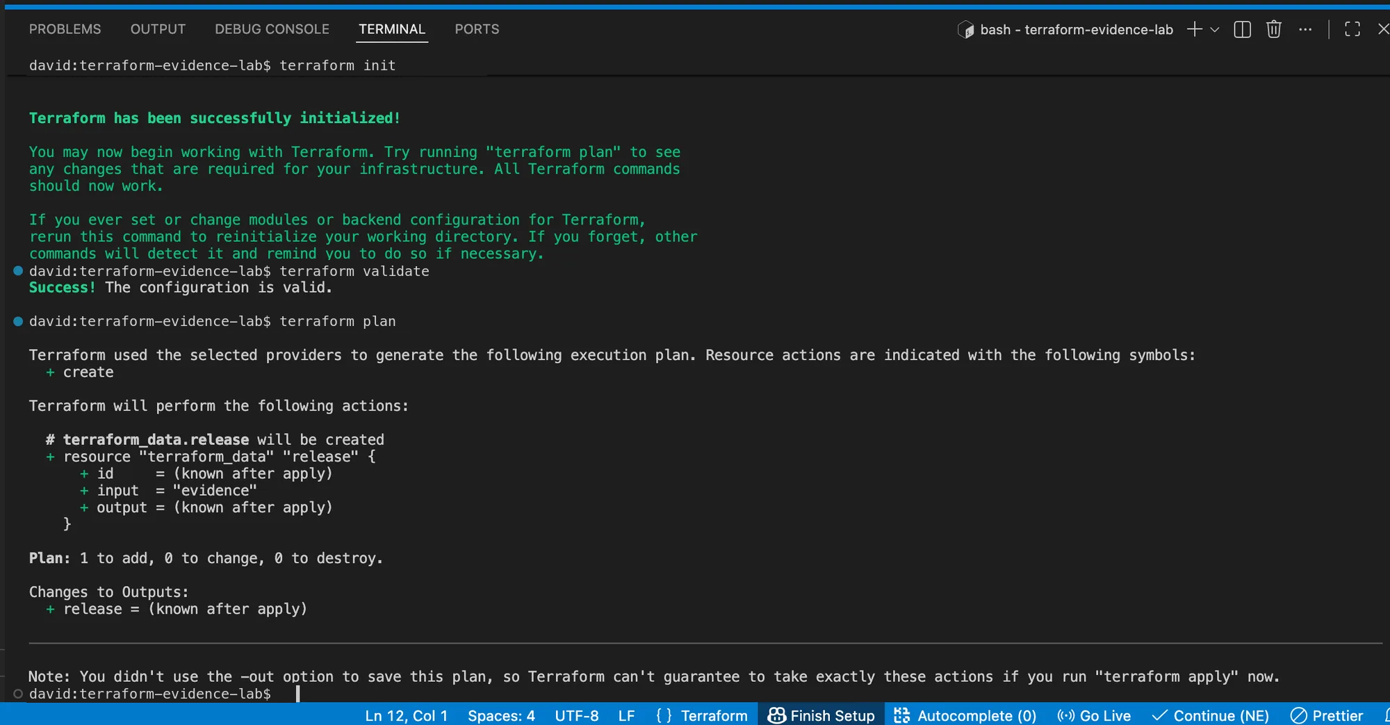 Local Terraform initialization, validation, and one-resource plan