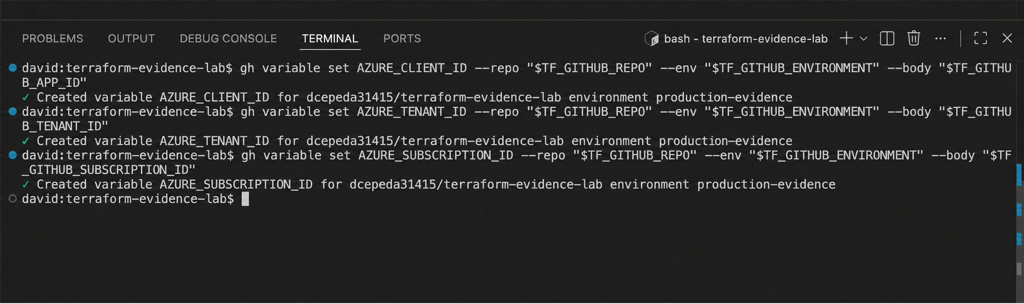 GitHub environment variables configured for Azure OIDC