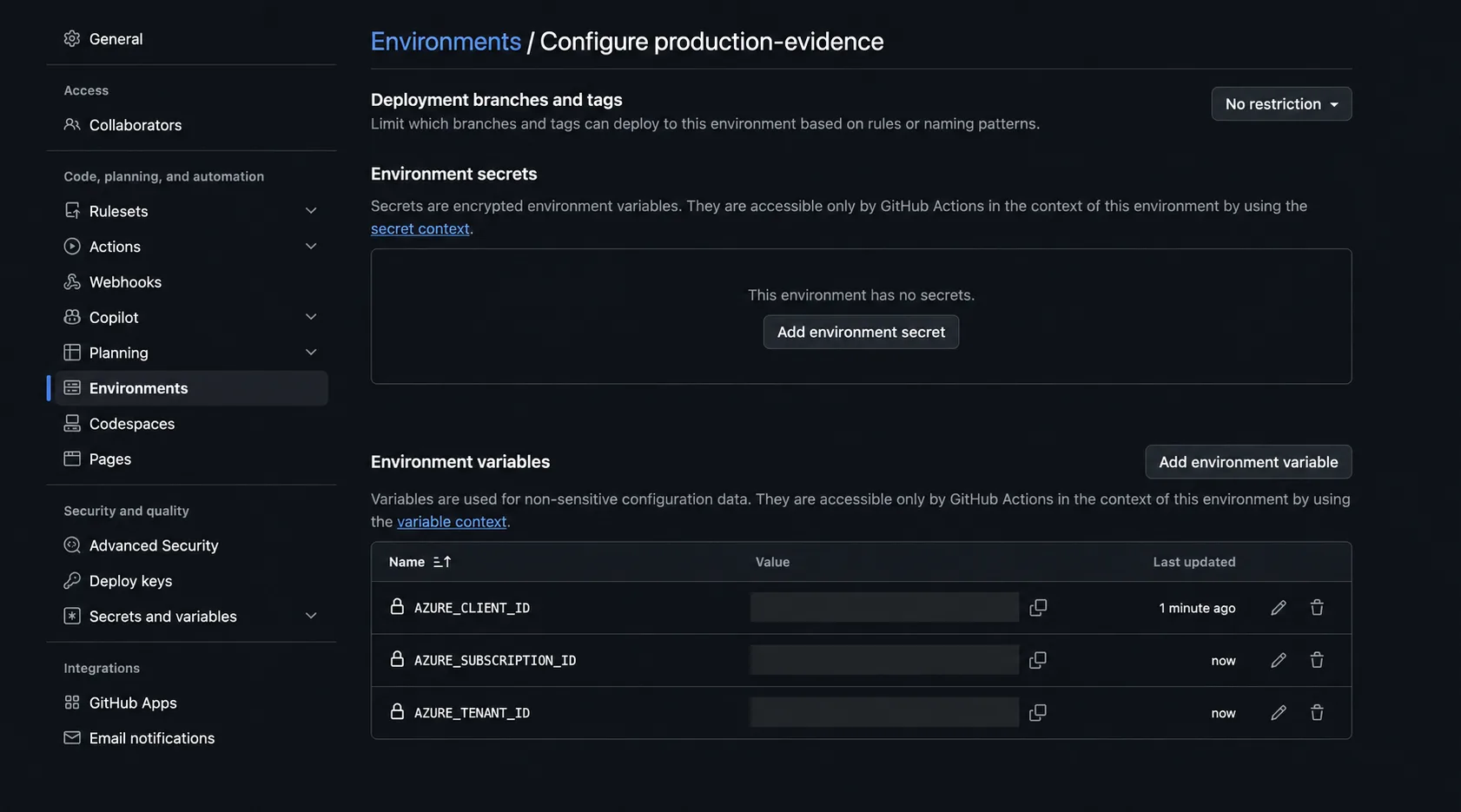GitHub environment showing no stored Azure client secret