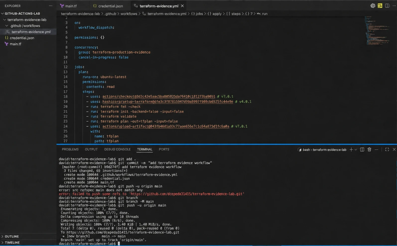 Pinned GitHub Actions workflow and corrected push to main