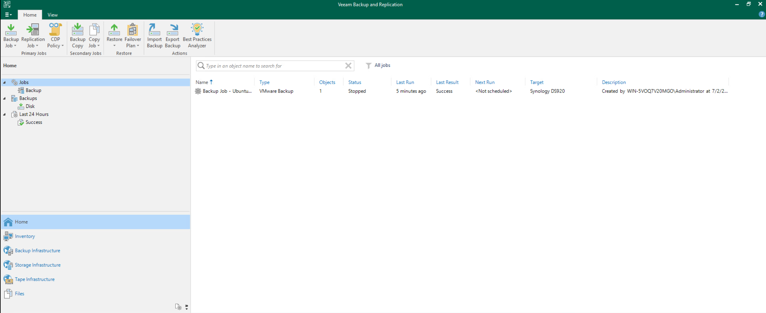 The backup job in the Home view