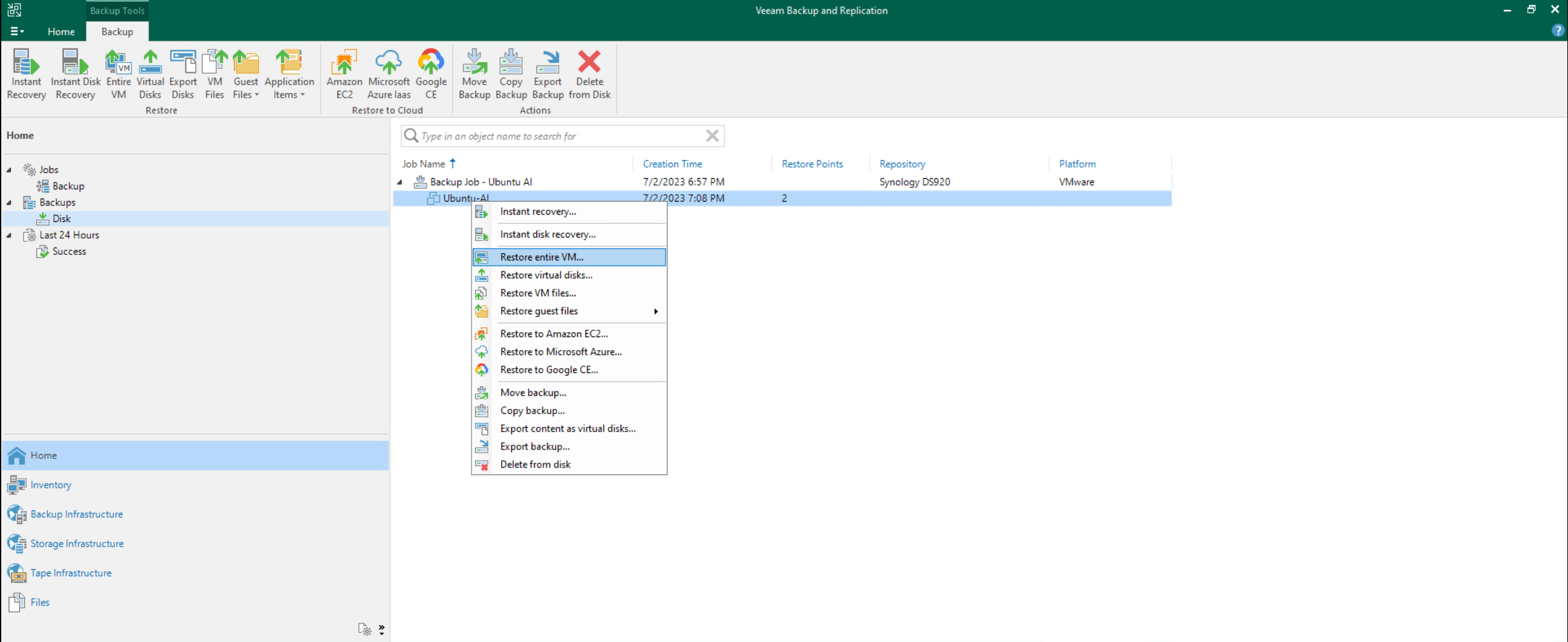 Opening the Backups node
