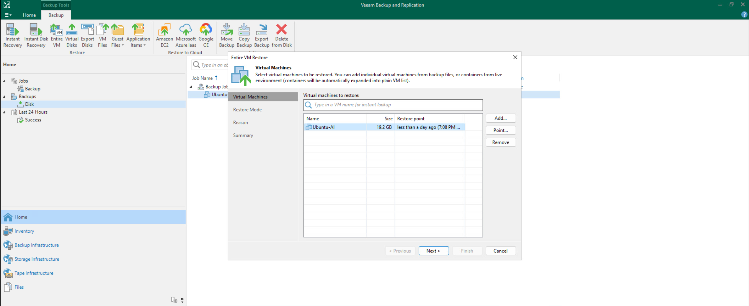 Selecting the VM to restore
