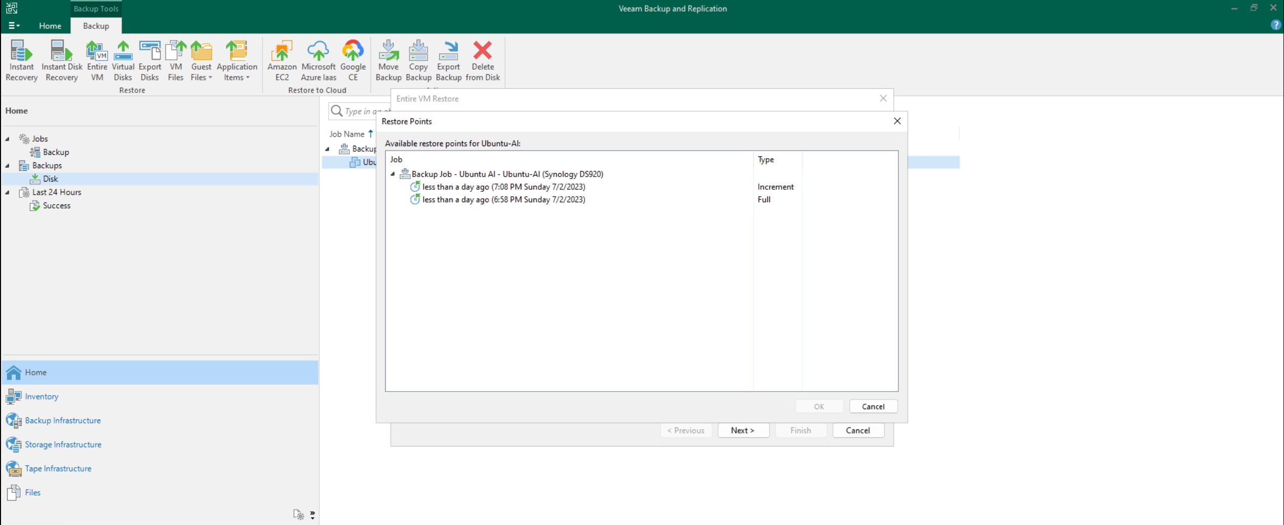 Selecting the restore point