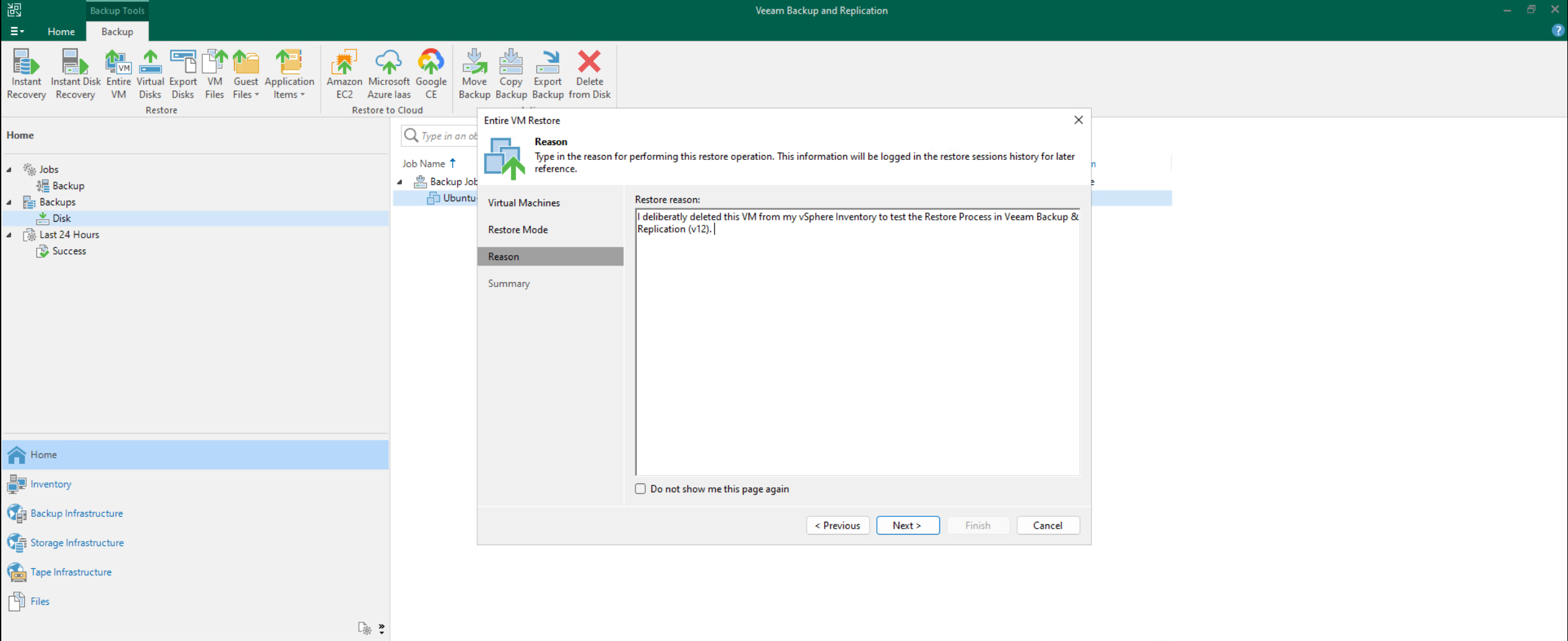 Entering a restore reason