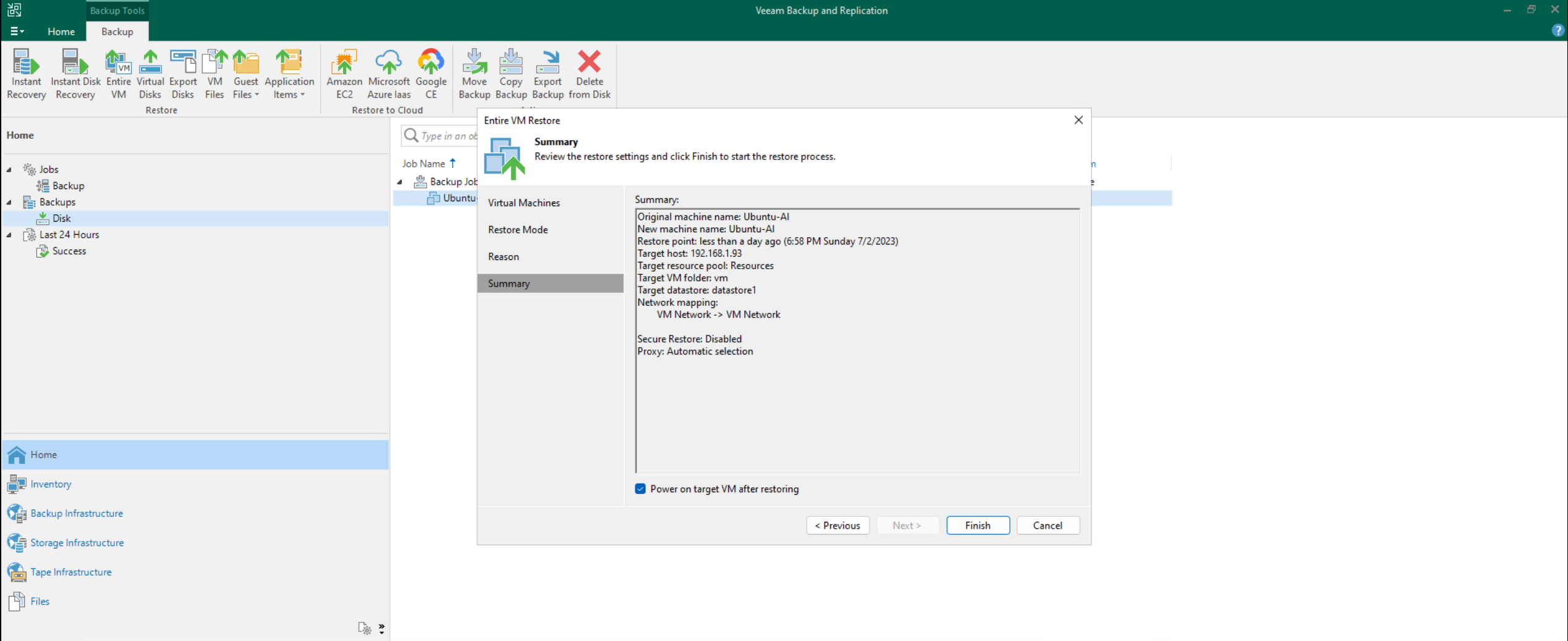 The restore summary